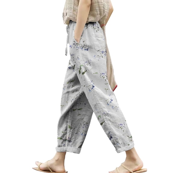 KALE Linen Pants for Women Palazzo Dressy Women's Elasticated Belt High Waisted Pocket Autumn Print Casual Pants for Women Trendy Black