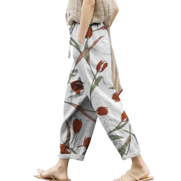 KALE Linen Pants for Women Palazzo Dressy Women's Elasticated Belt High Waisted Pocket Autumn Print Casual Pants for Women Trendy Rose Gold