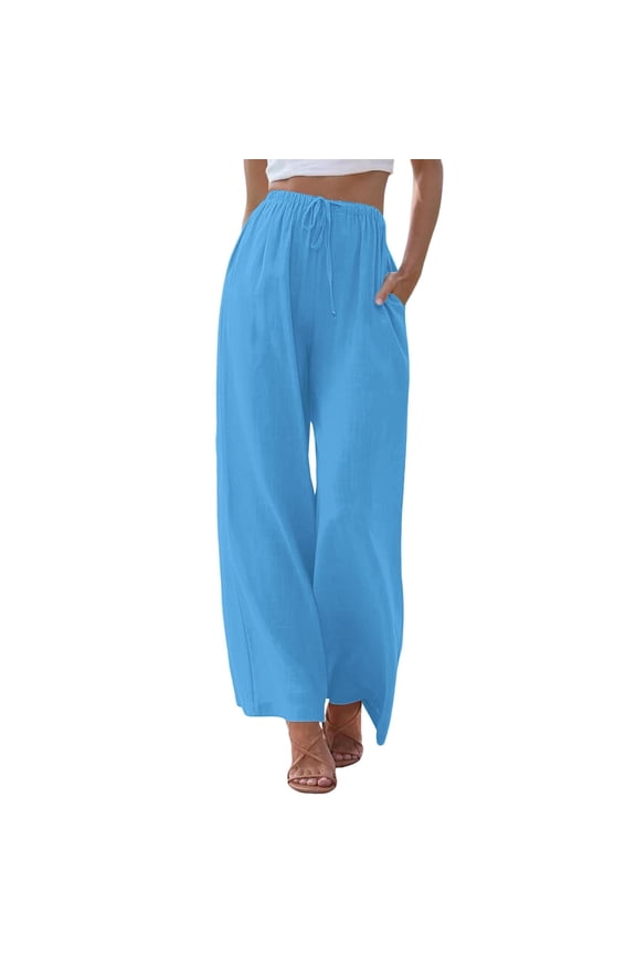 Linen Pants for Women Palazzo Womens Daily Elastic Waist Pockets Straight Solid Color Casual Loose Long Trousers Women's Pants Sky Blue