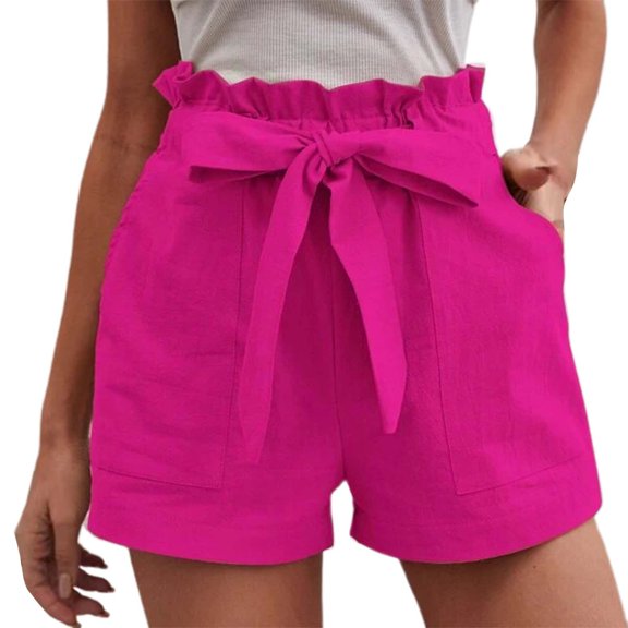 KALE Linen Shorts for Women Casual Comfy Lace Up Elastic Waist Summer With Pockets Cotton And Wide Leg Womens Short Hot Pink