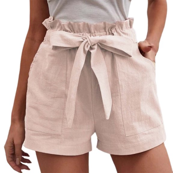 KALE Linen Shorts for Women Casual Comfy Lace Up Elastic Waist Summer With Pockets Cotton And Wide Leg Womens Short Pink