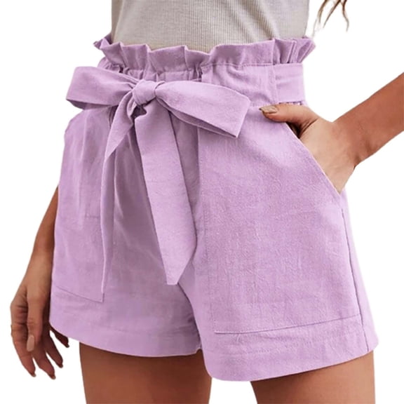 KALE Linen Shorts for Women Casual Comfy Lace Up Elastic Waist Summer With Pockets Cotton And Wide Leg Womens Short Purple