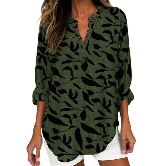 KALE Long Sleeve Shirts for Women Collared Boho Tops 3/4 Floral Blouses Casual Vintage Graphic Loose Pullover Beach Vacation Clothes Green M