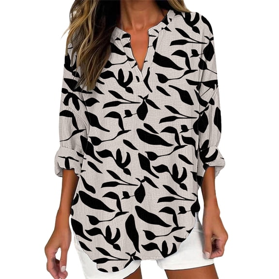 KALE Long Sleeve Shirts for Women Collared Boho Tops 3/4 Floral Blouses Casual Vintage Graphic Loose Pullover Beach Vacation Clothes Khaki XXL