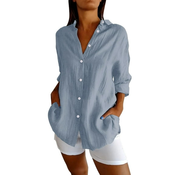KALE Long Sleeve Shirts for Women Single Breasted Pleated Lapel Shirt Solid Color V Neck Tops Light Blue