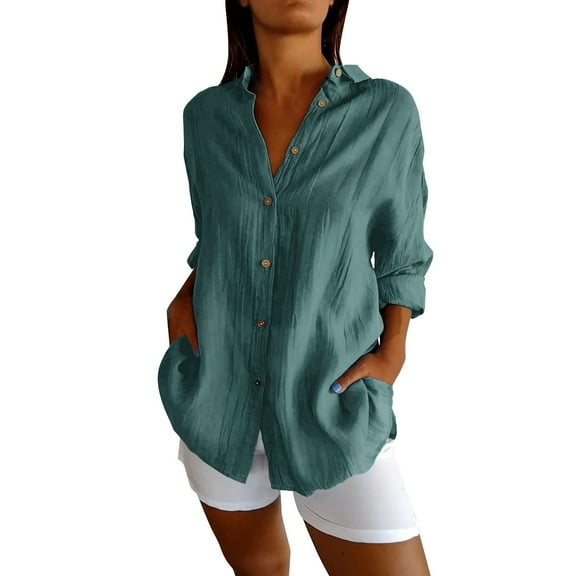 KALE Long Sleeve Shirts for Women Single Breasted Pleated Lapel Shirt Solid Color V Neck Tops Mint Green