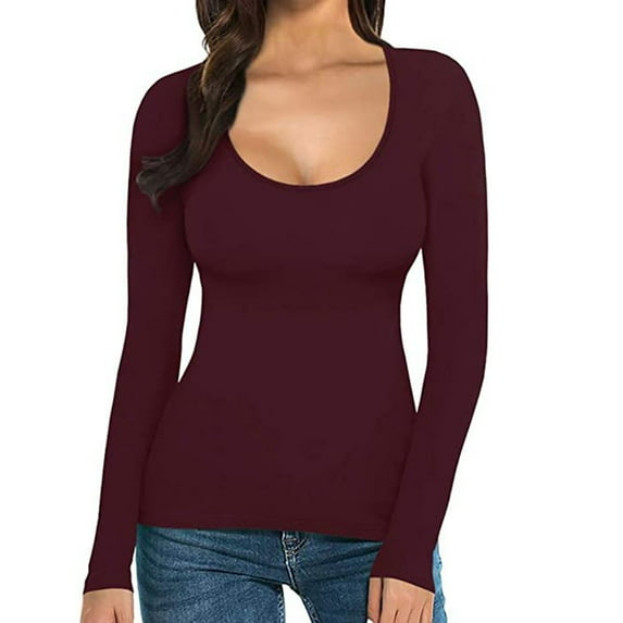KALE Long Sleeve Shirts for Women T Shirt Solid Color Low U Neck Slim Bottom Sleeved Top Spring Tops 2025 Wine