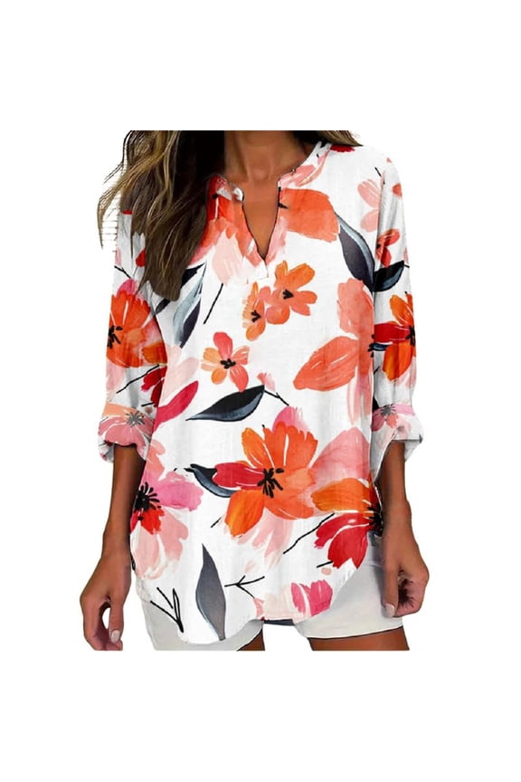 Long Sleeve Workout Tops for Women V Neck Shirt Boho Multi Style Blouse Novelty Graphic Plus Size Pullover Beach Vacation Clothes Orange XXXL