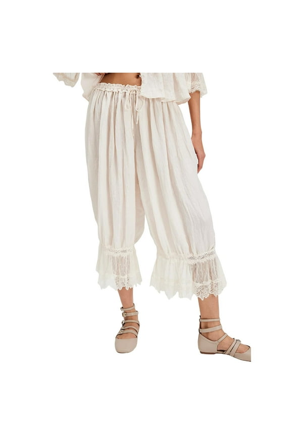 Palazzo Pants Baggy Sweatpants Women Ruffle Hem Capris Lace Trim Pantaloons Lingerie Slips for Under Dress Hollow Home Clothes Womens Pants White