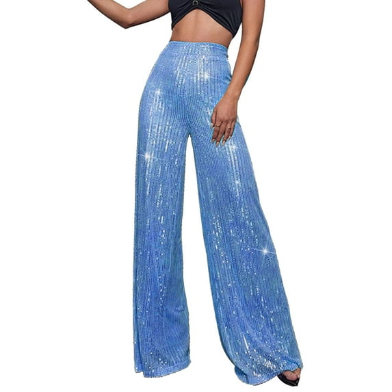 KALE Sequin Pants for Women's High Waisted Loose Drape Wide Leg Fashion Casual Palazzo Trousers Blue