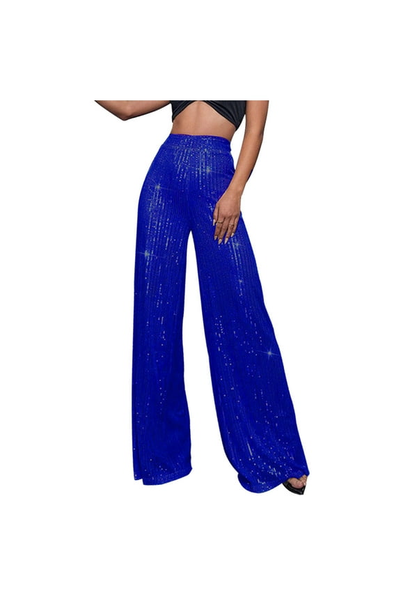 Sequin Pants for Women's High Waisted Loose Drape Wide Leg Fashion Casual Palazzo Trousers Royal Blue