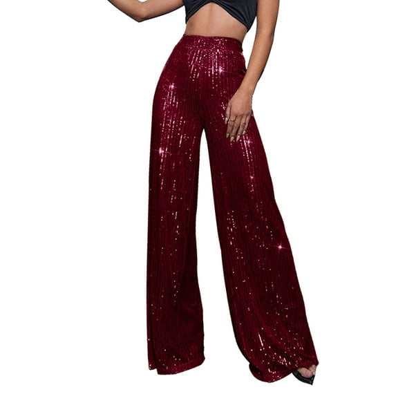 KALE Sequin Pants for Women's High Waisted Loose Drape Wide Leg Fashion Casual Palazzo Trousers Wine