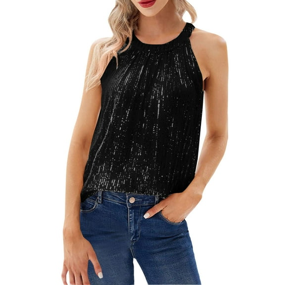 KALE Sequin Tops for Women New Elegant Chiffon Shirt Round Neck Sleeveless Carnival Sequined Casual Top Tank Tops Black