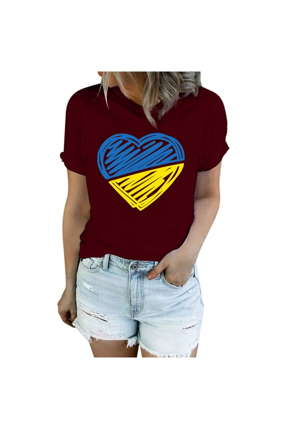 Short Sleeve Shirts for Women Fashion Casual Ukraine Print T Shirt Top Blouse Beach Vacation Clothes Wine