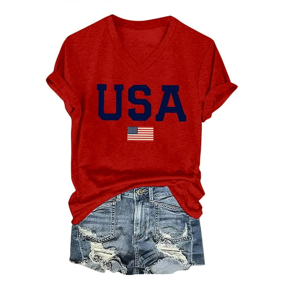 KALE Short Sleeve Shirts for Women Women's USA Flag T V Neck American Graphic Tees Casual 4th Of July Patriotic Tshirt Tops V Neck Tops Red