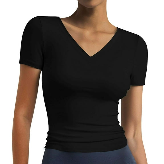 KALE Short Sleeve Shirts for Women's T Color Block/Solid Tops Casual Summer Tees Y2K Clothes Black S