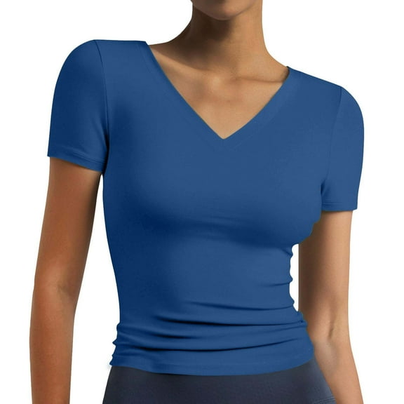 KALE Short Sleeve Shirts for Women's T Color Block/Solid Tops Casual Summer Tees Y2K Clothes Blue S