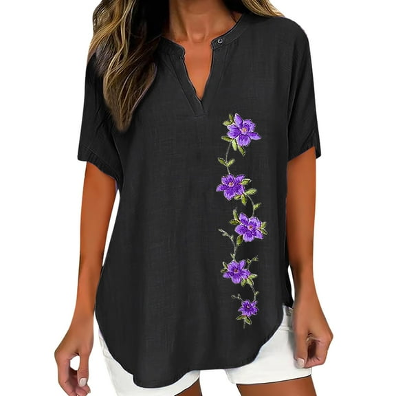 KALE Short Sleeve Tops for Women Women's Casual Linen Floral Print Notched V Neck T Shirts Spring Summer Loose Tunic Plus Size Blouse 2t25 V Neck T Shirts Black XXXL