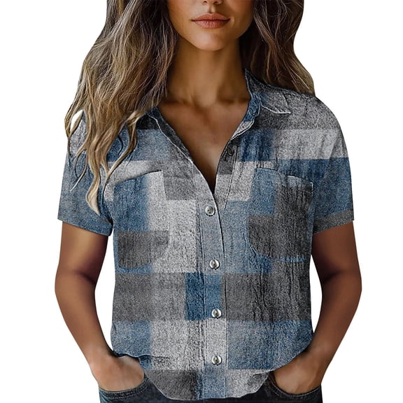 KALE Short Sleeve Tops for Women Boho Button Up Shirt Sleeved Summer Top V Neck T Shirts Navy