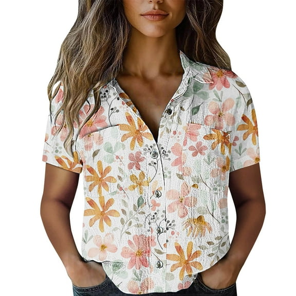 KALE Short Sleeve Tops for Women Boho Button Up Shirt Sleeved Summer Top V Neck T Shirts Pink