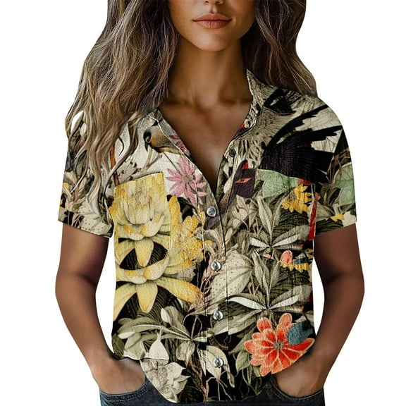 KALE Short Sleeve Tops for Women Boho Button Up Shirt Sleeved Summer Top V Neck T Shirts Yellow