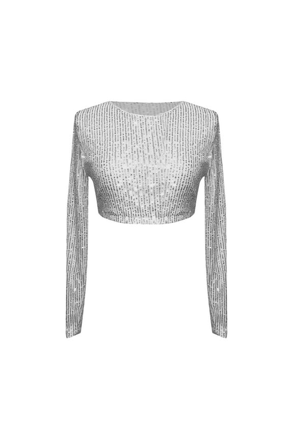 Sparkly Tops for Women Sequin Top Glitter Party Club Jumper Long Sleeve Crew Neck Crop Skinny Tee Long Sleeve Shirts White