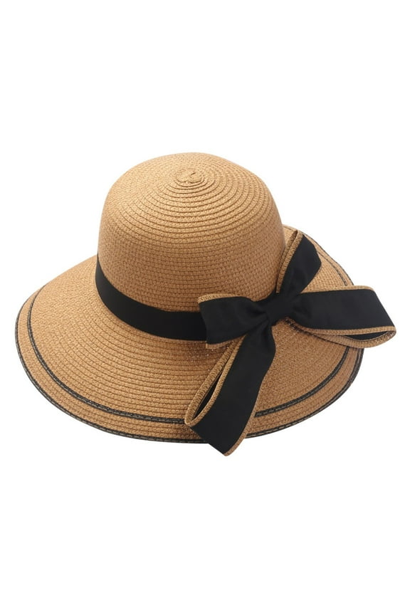 Sun Hat Bow Straw Foldable Shield Solid Color Khaki