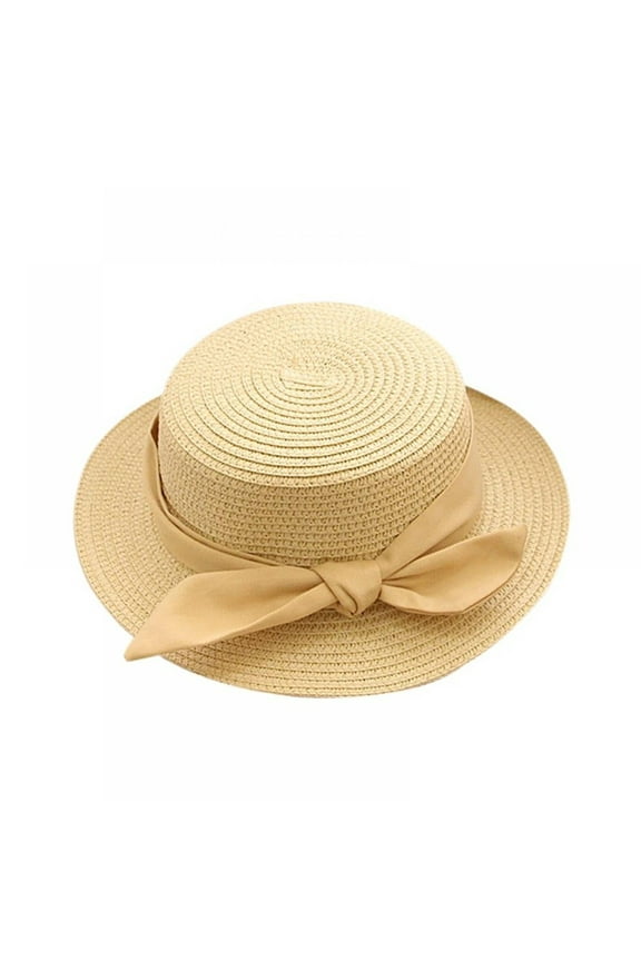 Sun Hat Kids Foldable Bowknot Beach Shield Solid Color Beige