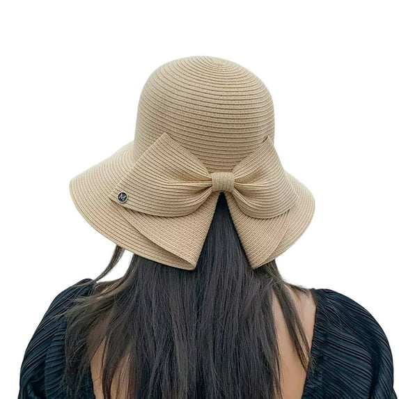 KALE Sun Hat Oversized Bow Beach Foldable Solid Color Beige