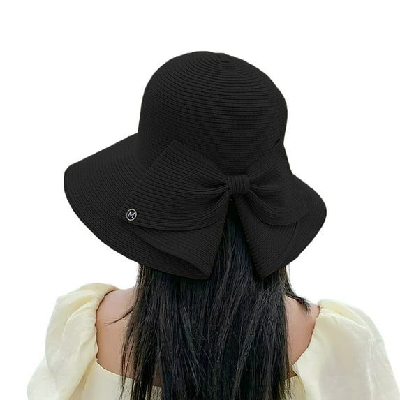 KALE Sun Hat Oversized Bow Beach Foldable Solid Color Black