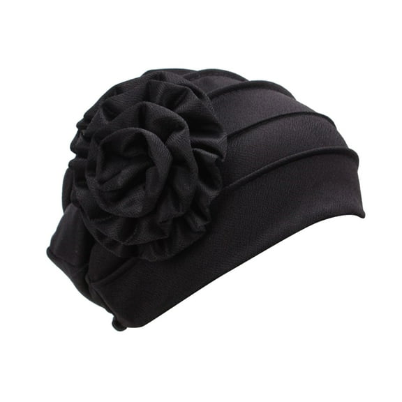 KALE Turban Floral Applique Cultural Head Scarf Solid Color Black
