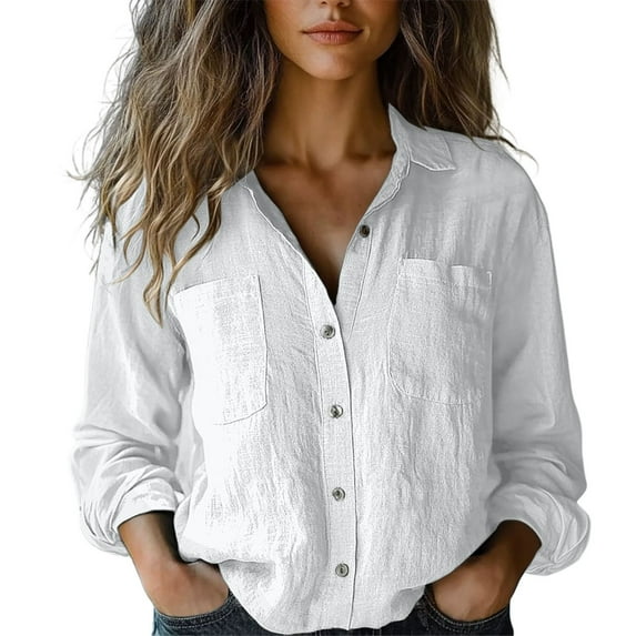 KALE V Neck Long Sleeve Shirts for Women 2025 Spring Casual Solid Color Loose Tops With Pockets Cotton And Linen Clothes for Women White