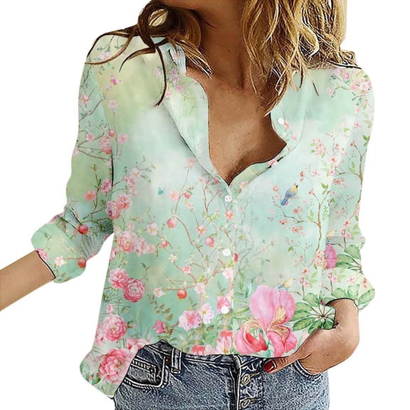 KALE V Neck Long Sleeve Shirts for Women Floral Print Button Down Shirt Lightweight Blouse Summer Casual Tops Business Casual Tops Green