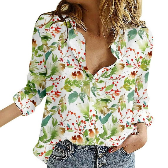 KALE V Neck Long Sleeve Shirts for Women Floral Print Button Down Shirt Lightweight Blouse Summer Casual Tops Business Casual Tops Mint Green