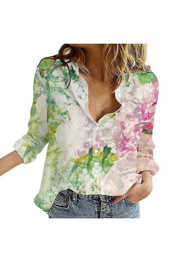 V Neck Long Sleeve Shirts for Women Floral Print Button Down Shirt Lightweight Blouse Summer Casual Tops Business Casual Tops Pink Light Green