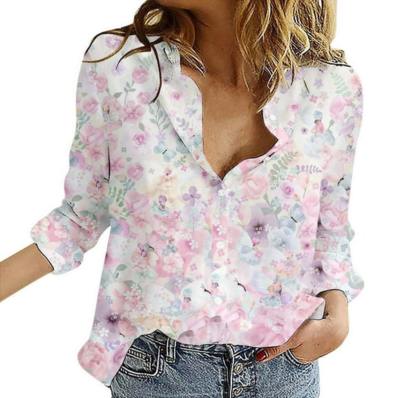 KALE V Neck Long Sleeve Shirts for Women Floral Print Button Down Shirt Lightweight Blouse Summer Casual Tops Business Casual Tops Pink