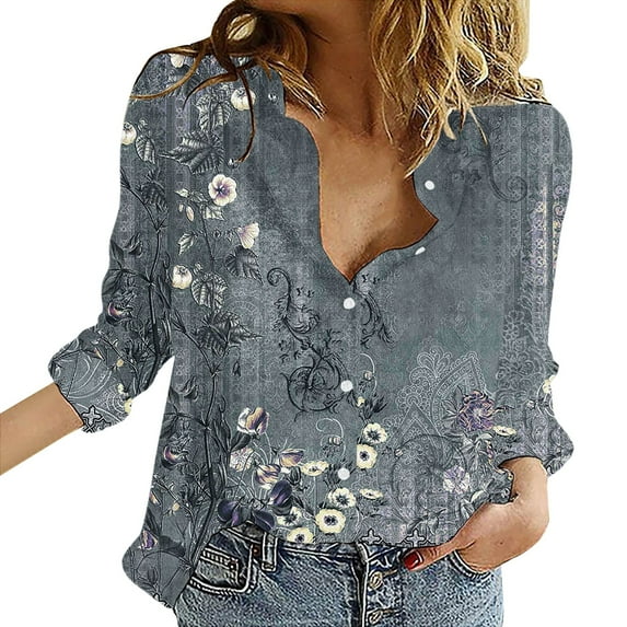 KALE V Neck Long Sleeve Shirts for Women Roll Up Down Blouses Tops Business Casual Tops Gray