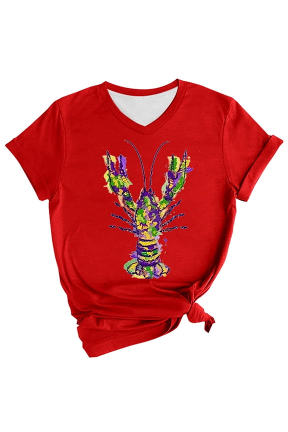 V Neck T Shirts for Women Carnival Crawfish Print Shirt Pullover Short Sleeve Blouse Red