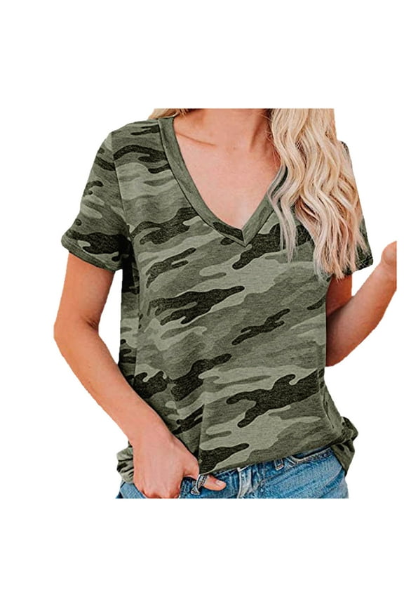 V Neck T Shirts for Women Casual Camouflage V-neck Loose Short Sleeve T-shirt Top Short Sleeve Blouse Army Green