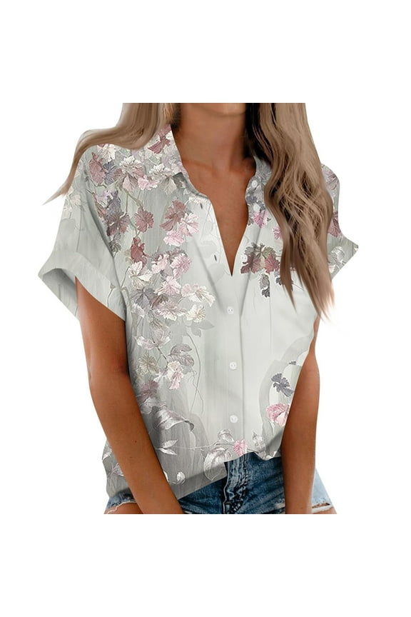 V Neck T Shirts for Women Cotton Womens Short Sleeve Collared Button Down Blouse Tops Camp Shirt S 6XL Short Sleeve Blouse Silver