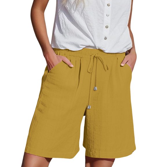 KALE Womens Bermuda Shorts Casual Solid Side Pockets Pants Elastic Waist Daily Mid Long Womens Short Gold