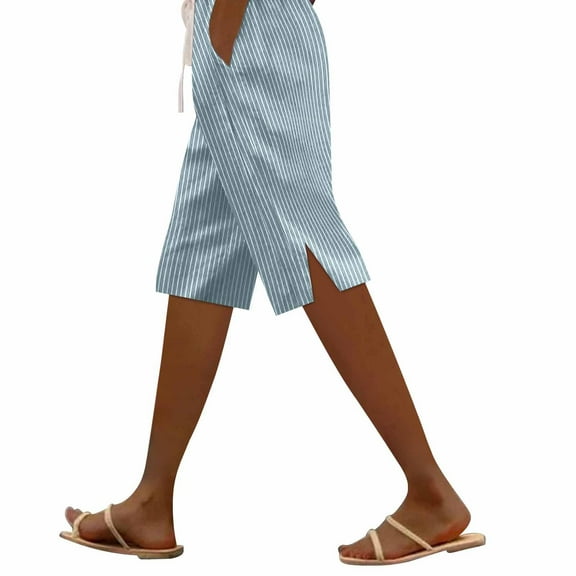 KALE Womens Bermuda Shorts Ladies' Fashionable Casual Striped Side Slit Cotton And Linen Five Quarter Pants Womens Short Mint Green