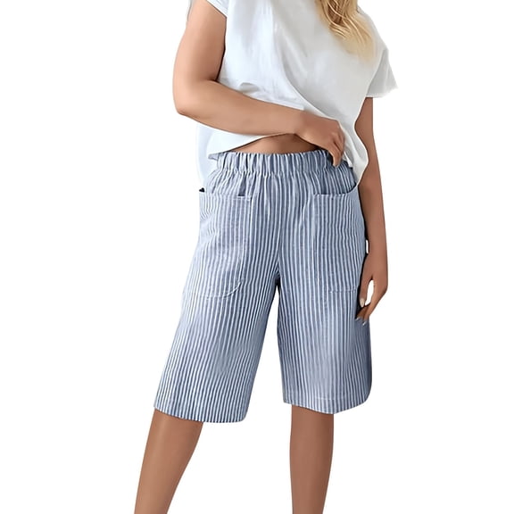 KALE Womens Bermuda Shorts Women's Retro Woven Jacquard Striped Patchwork Design Loose Casual Trousers Womens Short Blue