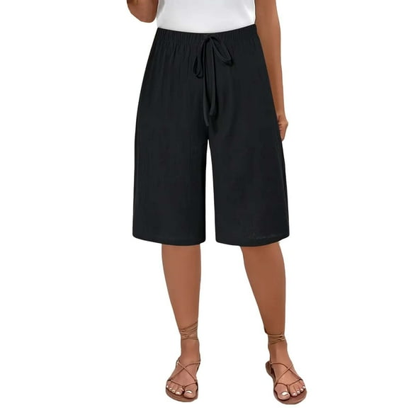 KALE Womens Bermuda Shorts Women's Wide Leg Pants Casual Lightweight Loose Palazzo Trouser With Pockets Womens Short Black