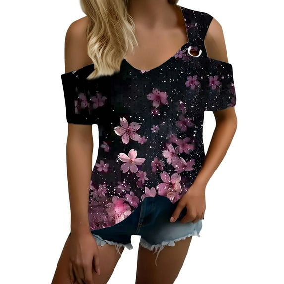 KALE Womens Short Sleeve Blouses Summer Tops For Women Trendy Boho Eyelet Cold Shoulder Tunic Casual Vacation Clothes Beach Vacation Clothes for Women Purple XL