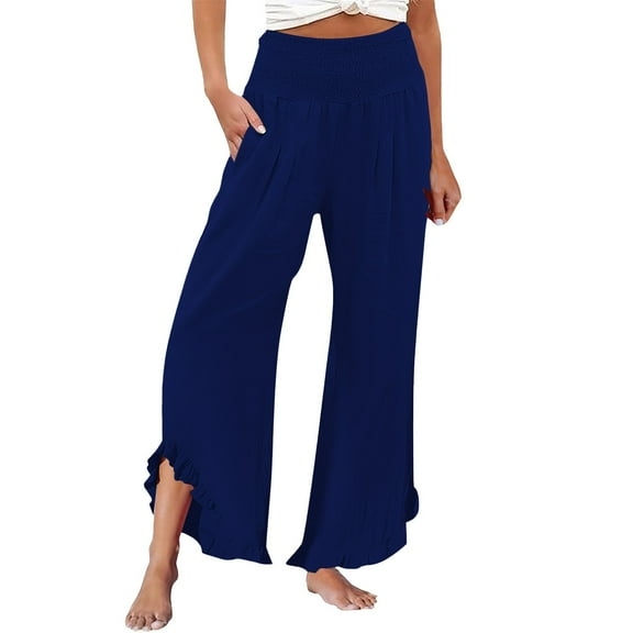KALE Womens Wide Leg Pants Women Linen Summer Smocked Waist Ruffle Palazzo Pant Boho Flowy Beach With Pocket Womens Summer Pants Blue XL