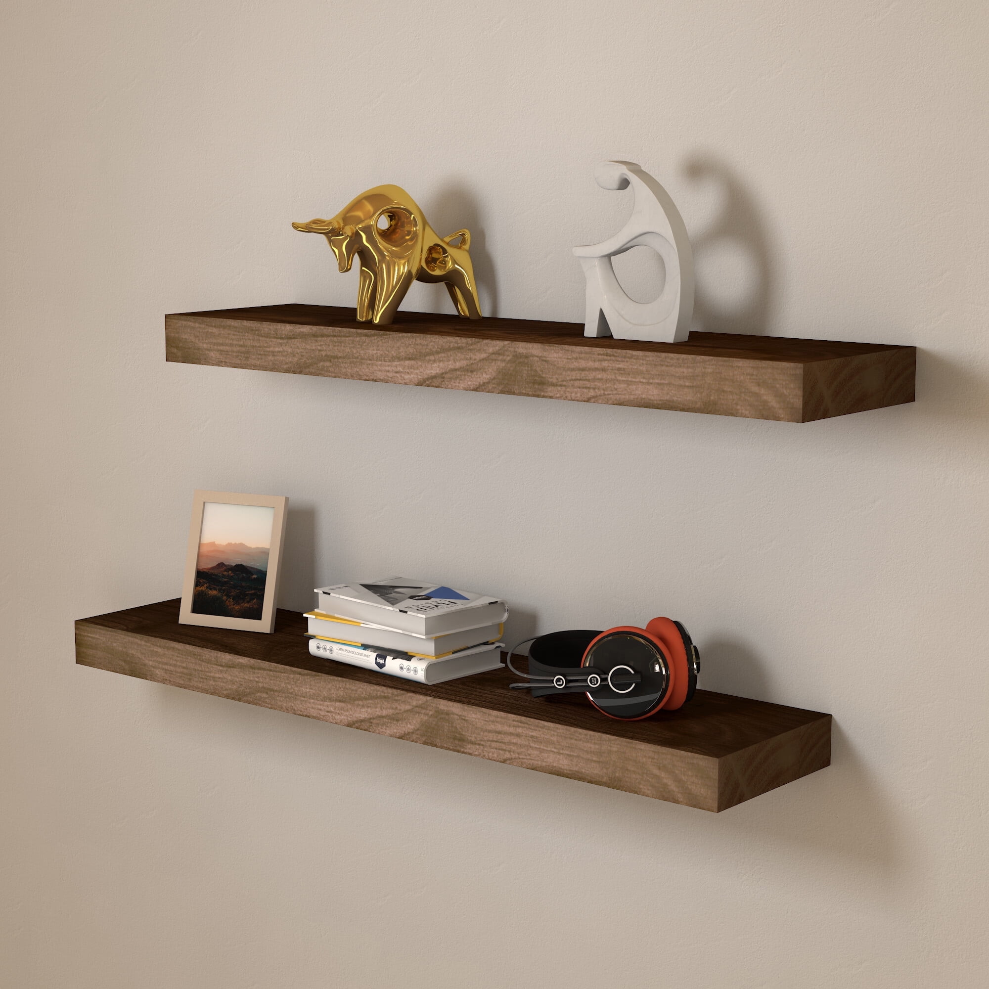 KALEFU Rustic Wood Floating Shelves, Wall Mounted Open Shelving Set for