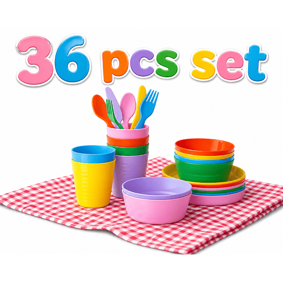 KALES 36pc Plastic Dinnerware Set Modern, Stackable & Designed for Everyday Dining Bold, Vibrant Colors