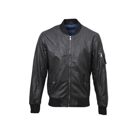 BLUE WELLFORD KALID Men's Black Leather bomber Stand-up collar Long sleeves Ribbed collar, waist and cuffs with 1 zipped left sleeve pocket and 2 press stud side pockets