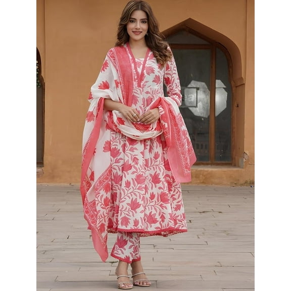KALINI Floral Printed Anarkali Pure Cotton Kurta with Trousers & Dupatta - Indian Ethnic Traditional Wear Kurta Set